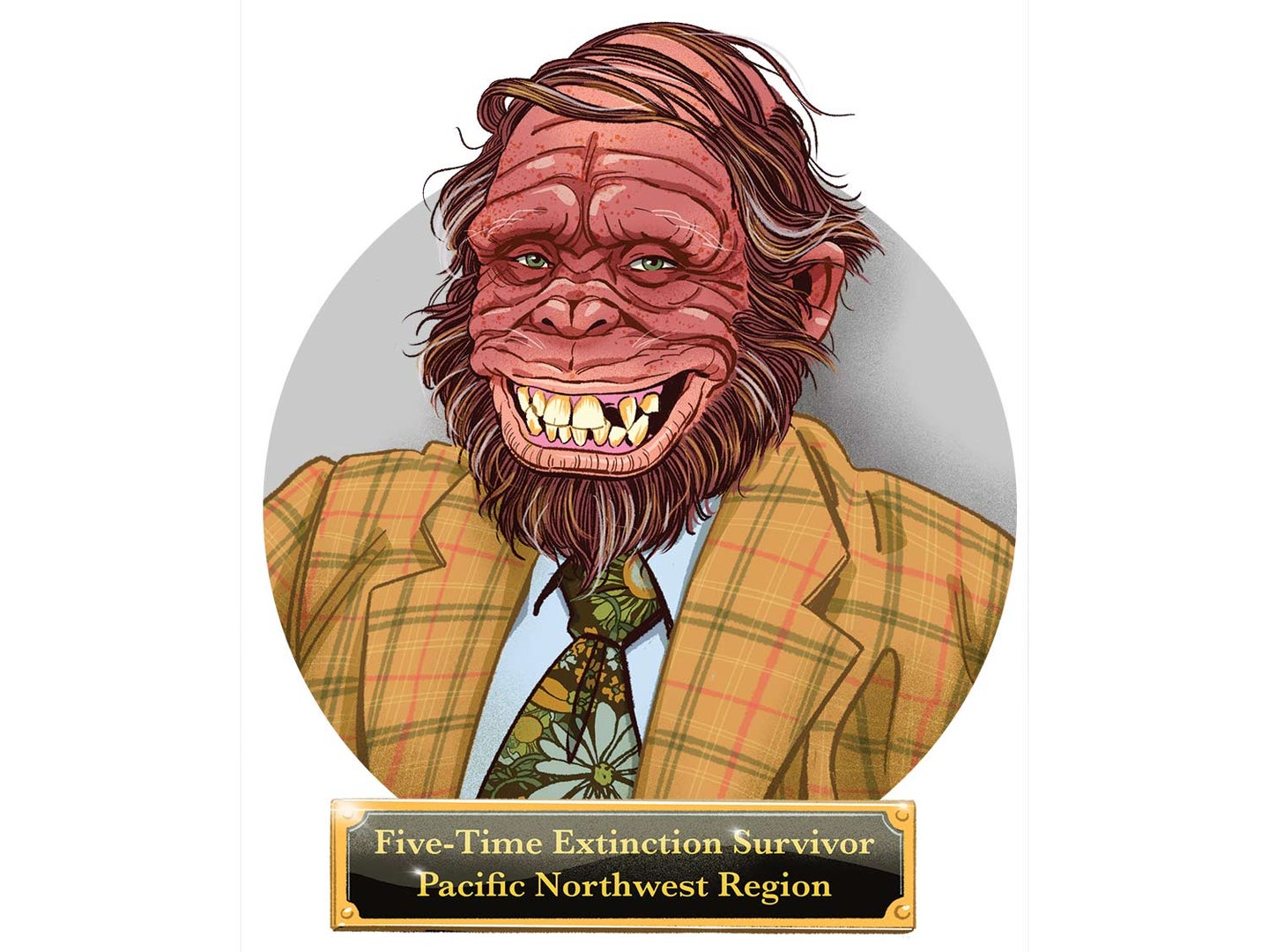 Illustration of a Sasquatch with a survival plaque.