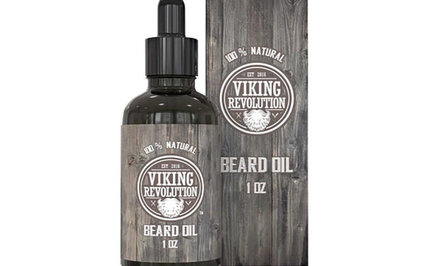 A bottle of Viking Revolution beard oil.