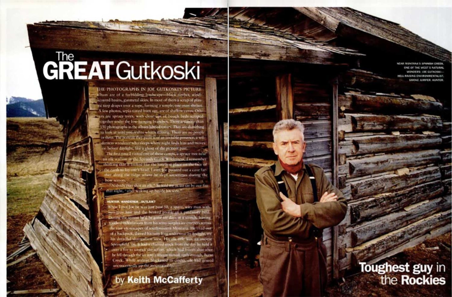 A clipping from Field & Stream Magazine showing a man standing in front of a wooden cabin.