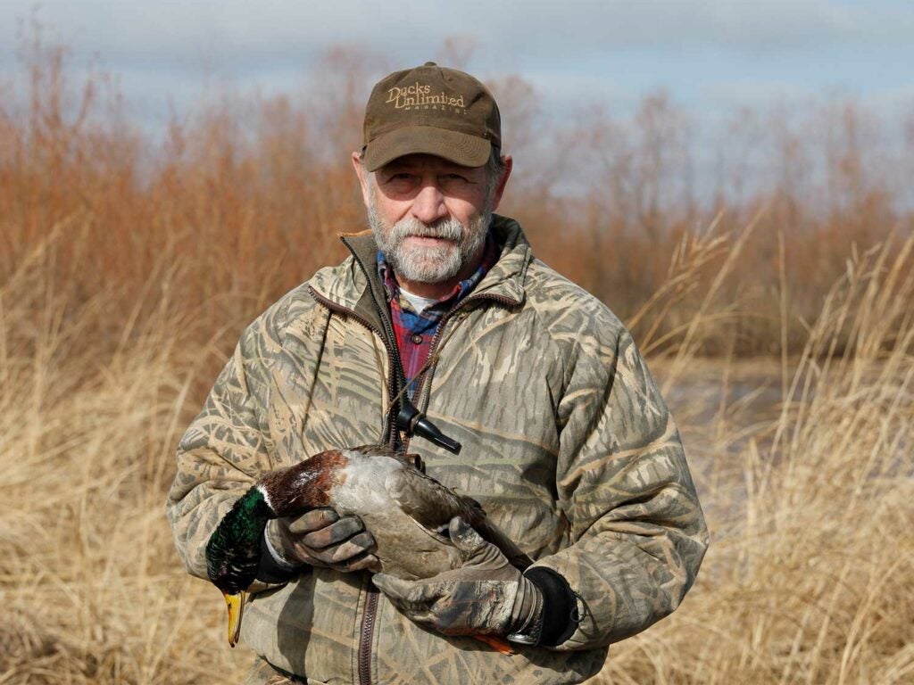 A hunter holds a drake mallard while standing in a field.