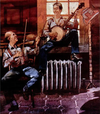 Illustration of a man playing a fiddle and a boy playing a banjo in an apartment