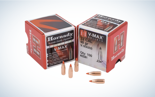 Hornady V-Max Rifle Bullets on gray and white background
