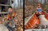 A side by side collage of a young boy kneeling beside dropped whitetail deer.