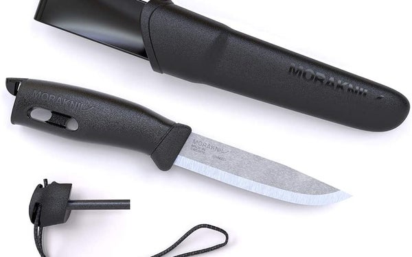 Moraknive companion spark bushcraft knife with ferrocerium rod in the handle.
