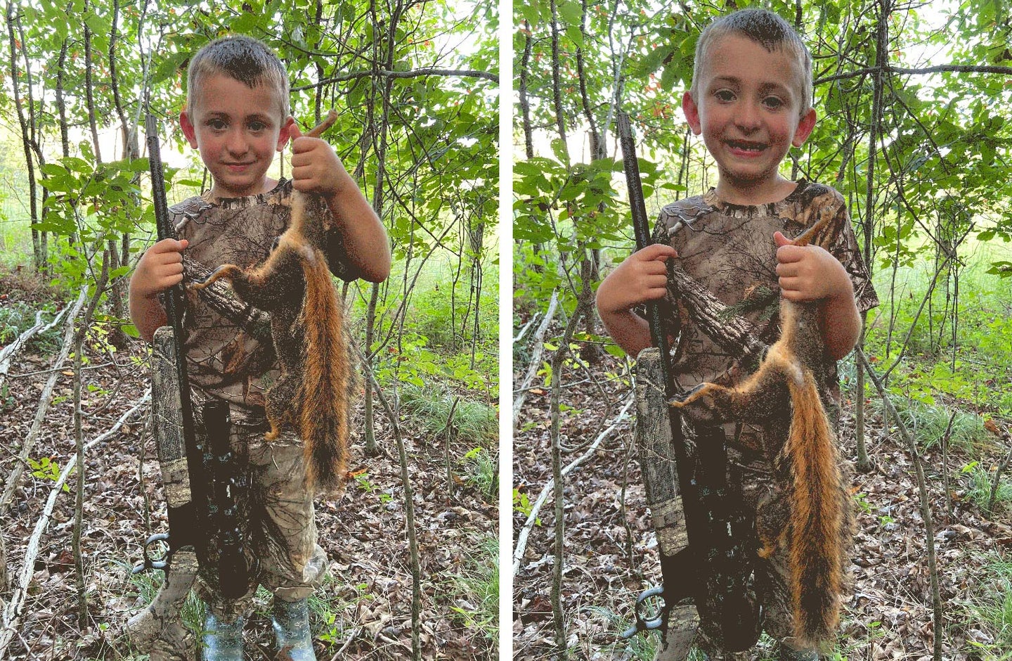 A small child holding up a squirrel in the woods.