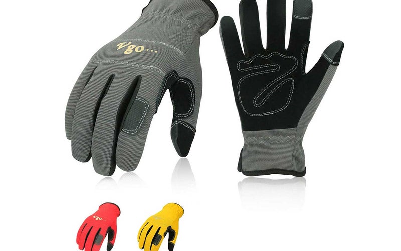 Vgo 3-Pairs Synthetic Leather Work Gloves, Multi-Purpose Light Duty Work Gloves, Breathable & High Dexterity, Touchscreen (Size XL, Yellow, Red & Grey, NB7581)