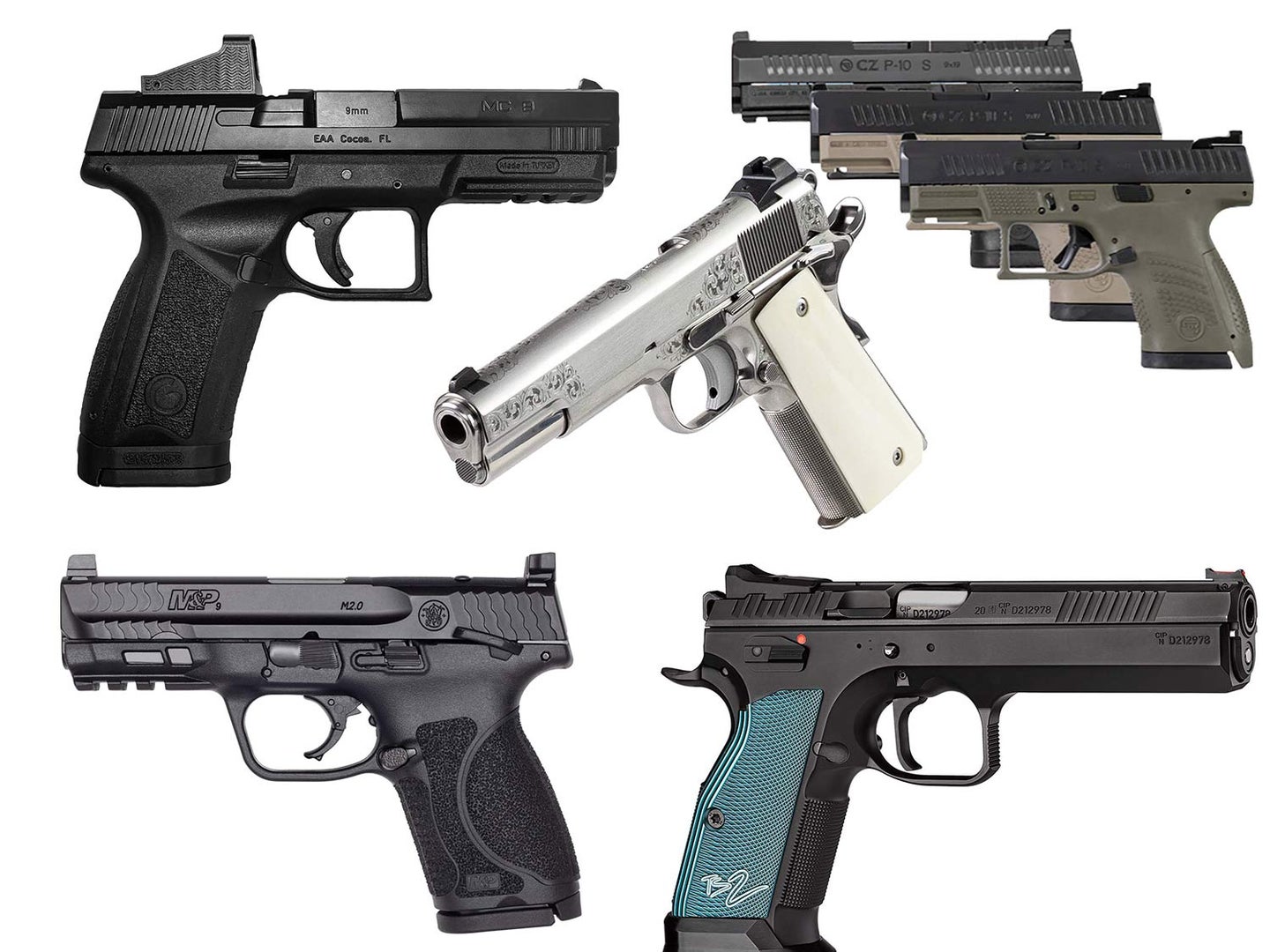 A collage of handguns on a white background.