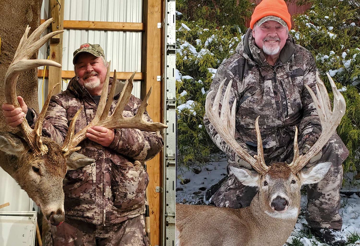 Two images of a hunter holding up a large whitetail buck.