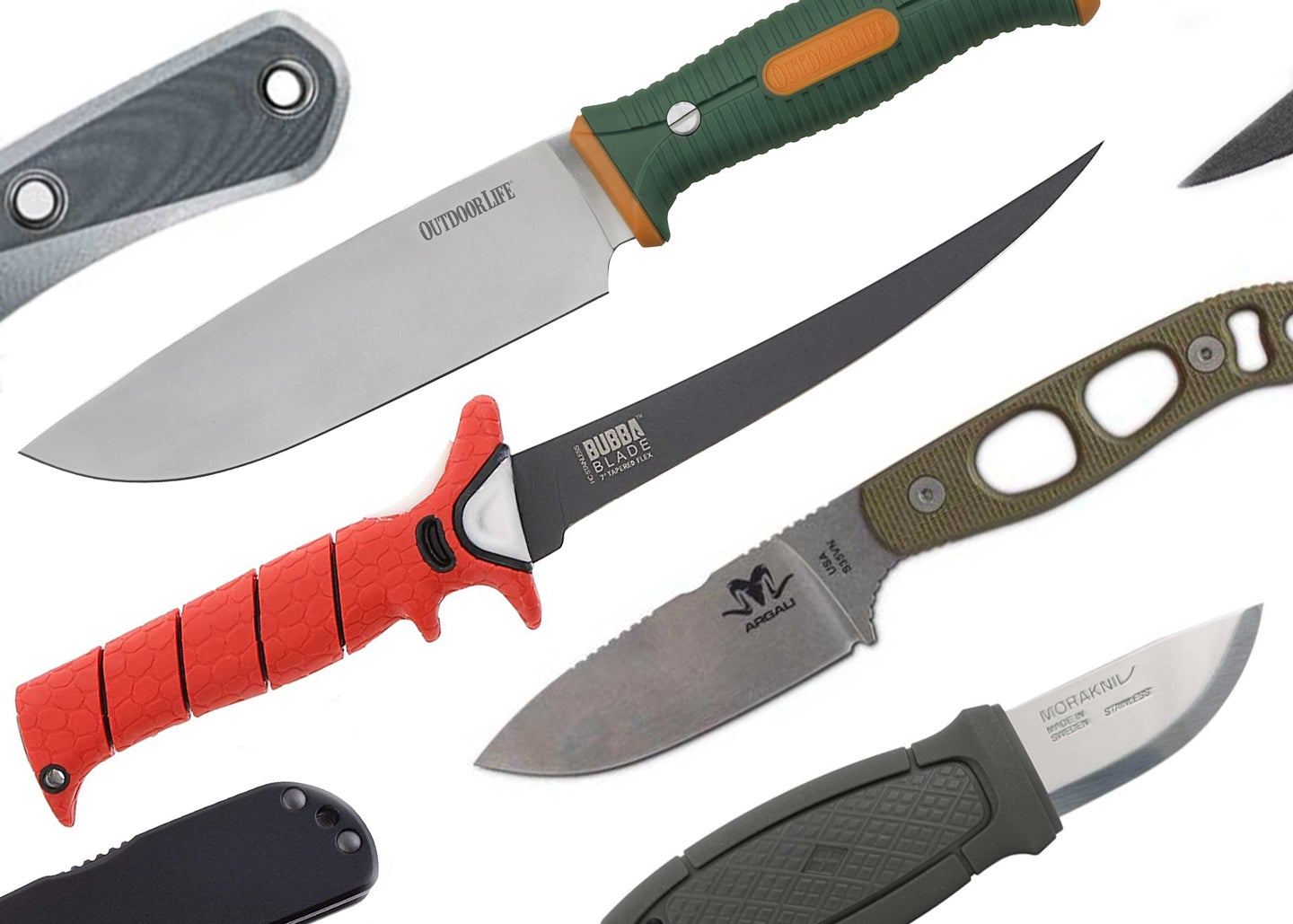 A collage of outdoor knives.