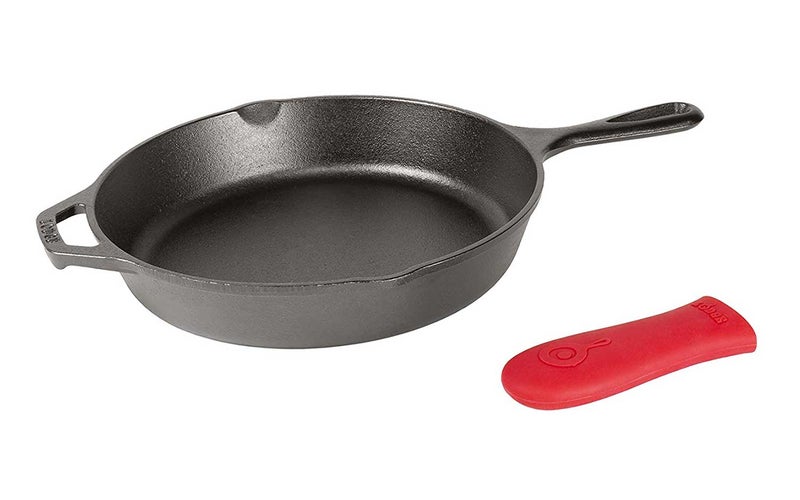 Lodge Cast Iron Skillet, Pre-Seasoned with Silicone Hot Handle Holder , 10.25 Inch Dia, Black/Red Silicone