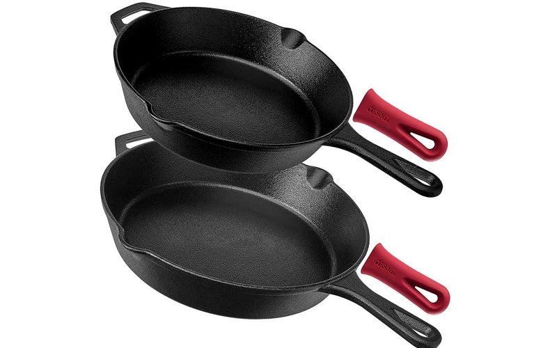 Pre-Seasoned Cast Iron Skillet 2-Piece Set (10-Inch and 12-Inch) Oven Safe Cookware - 2 Heat-Resistant Holders - Indoor and Outdoor Use - Grill, Stovetop, Induction Safe