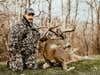 A hunter kneels behind a large whitetail buck and holds its head by the antlers.