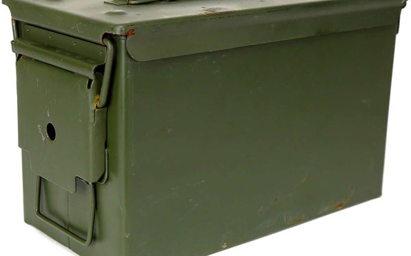 A vintage ammo box.