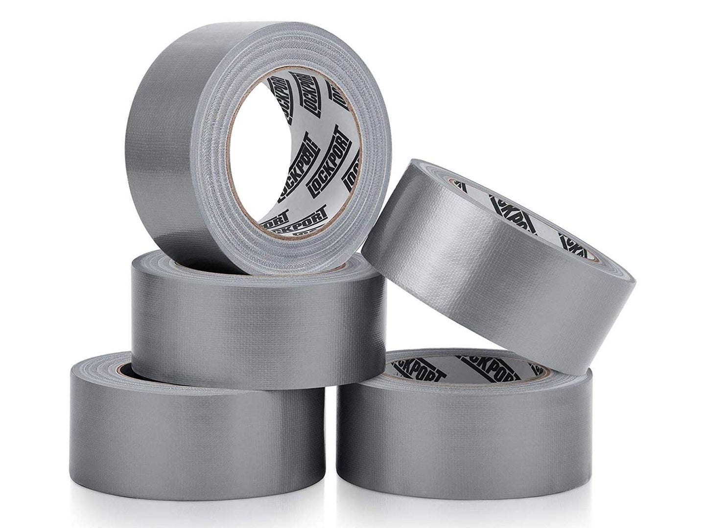 Five rolls of duct tape on a white background.