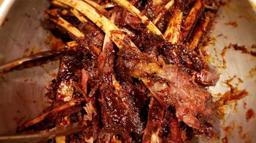 Bowl of deer ribs with barbecue sauce.