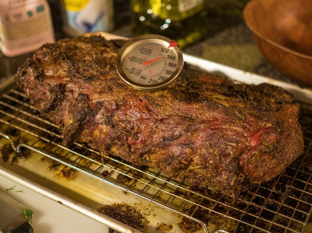 Roasted meat with thermometer.