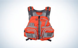 Red and black kayak life vest.