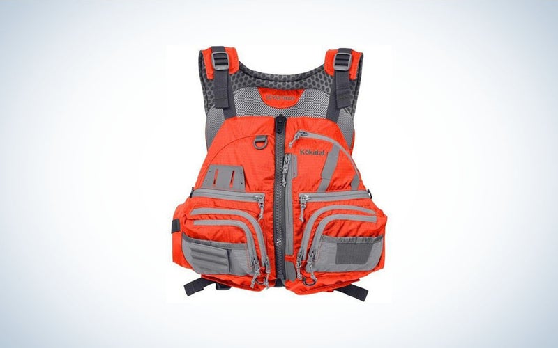 Red and black kayak life vest.