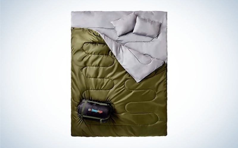 Green and gray summer sleeping bag with zipper