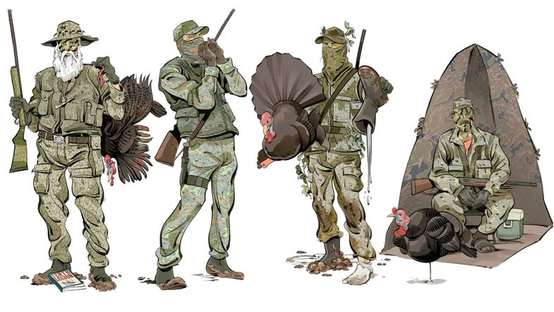 Illustration of four types of turkey hunters on a white background