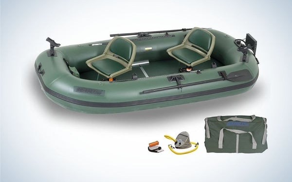 Dark green inflatable boat for lakes and ponds