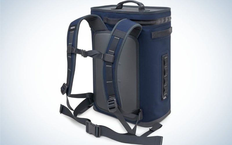 A blue and gray backpack with both arms that can hold it.