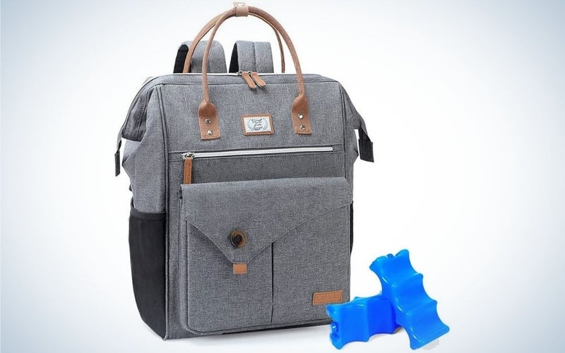 A rectangular gray bag with two front pockets and two short brown holders.