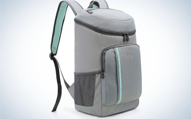 A light gray backpack with both arms that can hold it.
