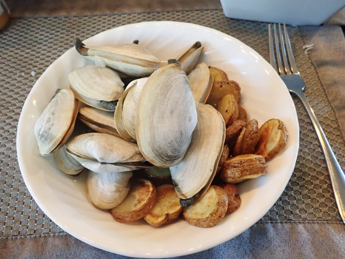 plate of clams and fried potatoes.