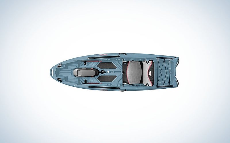 A kayak in light blue color in the body and black on the place where you can sit captured from the front.