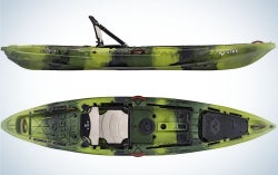 A kayak captured from above and sideways in a military color.