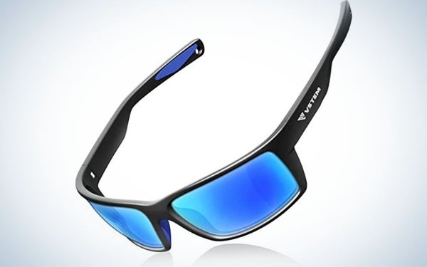A pair of sunglasses with neon blue and their skeleton black.