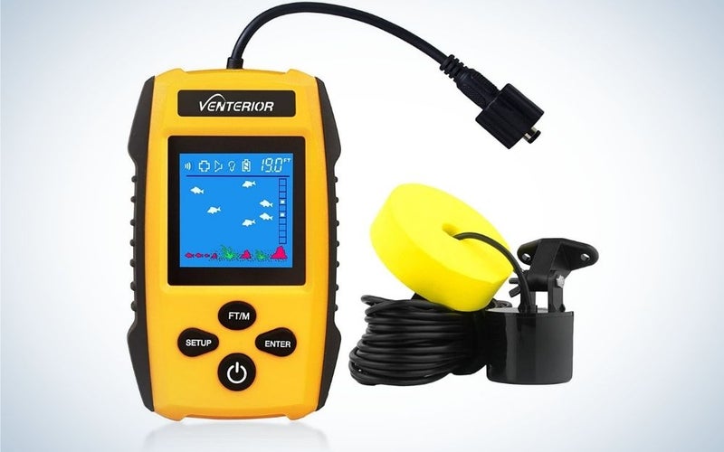 A Venterior fish finder ice kayak fishing gear depth finder looking like a yellow phone with buttons and blue screen.