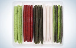 Pack of white, green, gray, and red senko worms