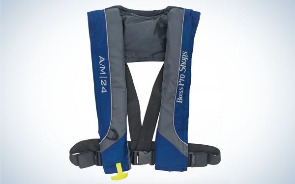 Blue and gray, auto or manual inflatable life vest is a unique gift idea.