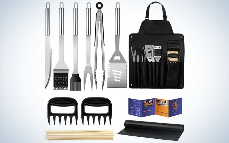 The best prime day deal for grilling are stainless steel BBQ grill accessories with storage apron gift kit