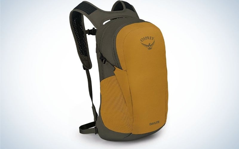 A yellow backpack with gray arms on the back and a large zippered pocket on the front.