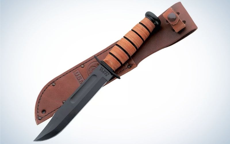 A black knife with an orange tail with dark stripes, as well as a sharp black tip, as well as a brick-colored case to place the knife inside.