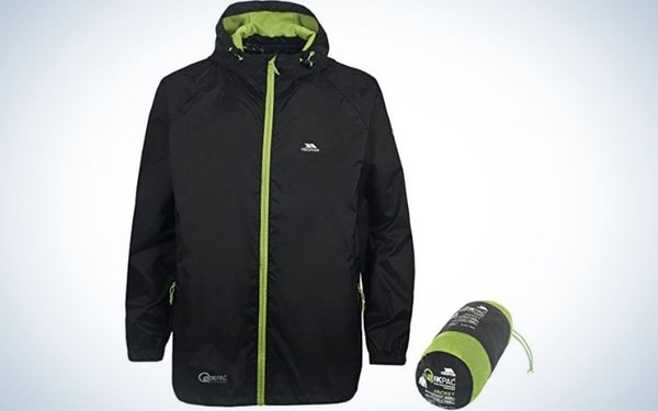 A black jacket with a green zipper on the front and a small rubber band on the back as well as some green and black on the side of the jacket.