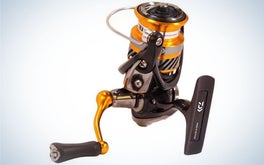 A spincast reel with a gold and round head and black body with a black lever from below and on the other hand you are another gold lever a little longer than black.
