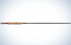 A silver long spear with a wood colored handle as well as being long and thin.