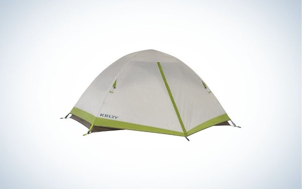 A camping tent is a person with an oval shape from above and all covered, which is white and only the sides have a thick green line.
