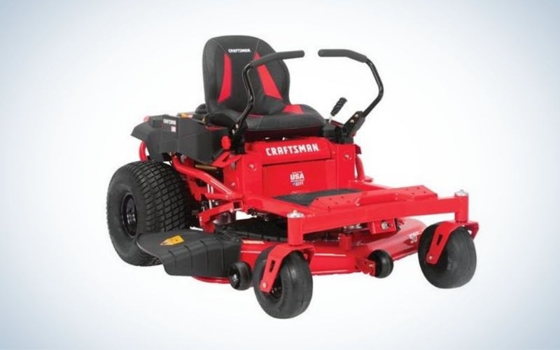 Red and black zero turn lawn mower