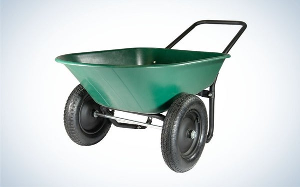Green, dual wheel, poly tray yard rover wheelbarrow