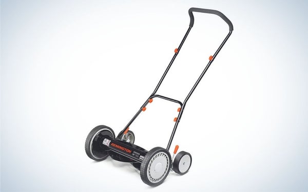 Black reel push mower with adjustable height position