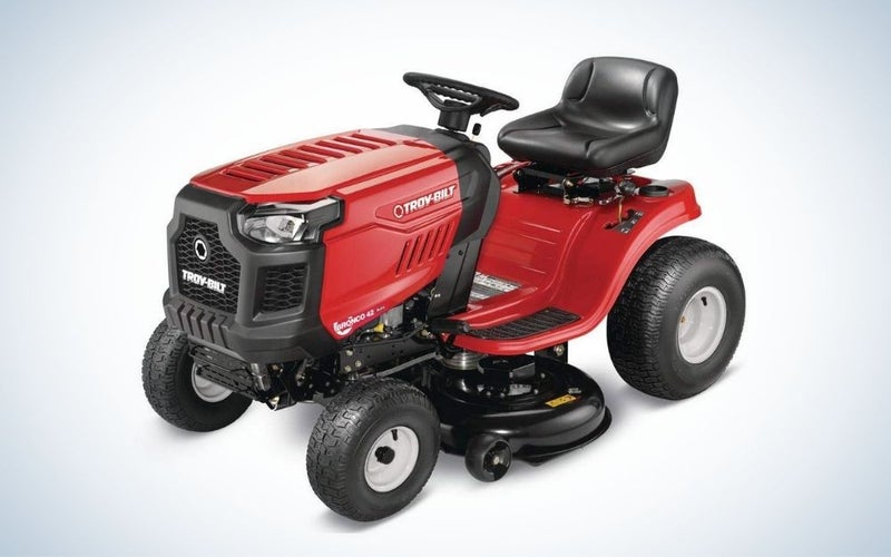 Red and black riding lawn tractor with mow in reverse