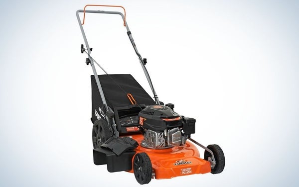 Black and orange gas push lawn mower with double ball bearing wheels