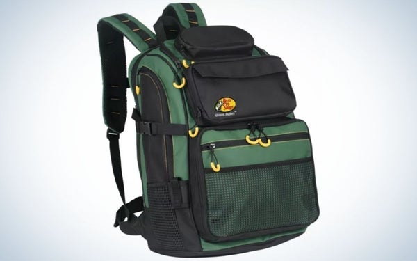 A large backpack with two holders to hold by the shoulders, with several wide pockets with chains, all black and dark green.