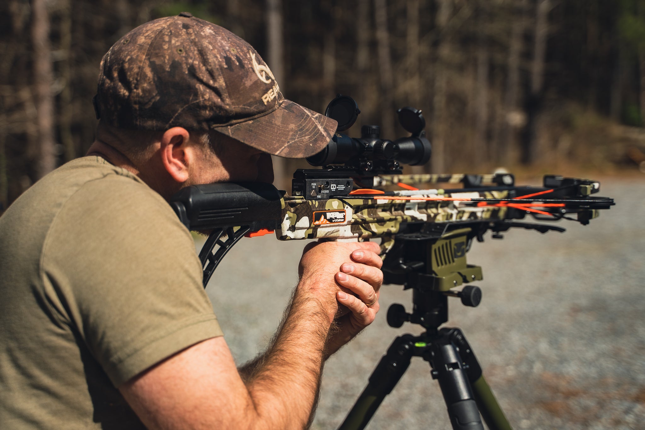 photo of tester shooting a Wicked Ridge crossbow