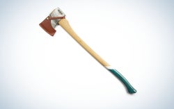 A axe with a long wooden tail and half of its green color, as well as its top touches the steel and covered in half with brown leather cover.
